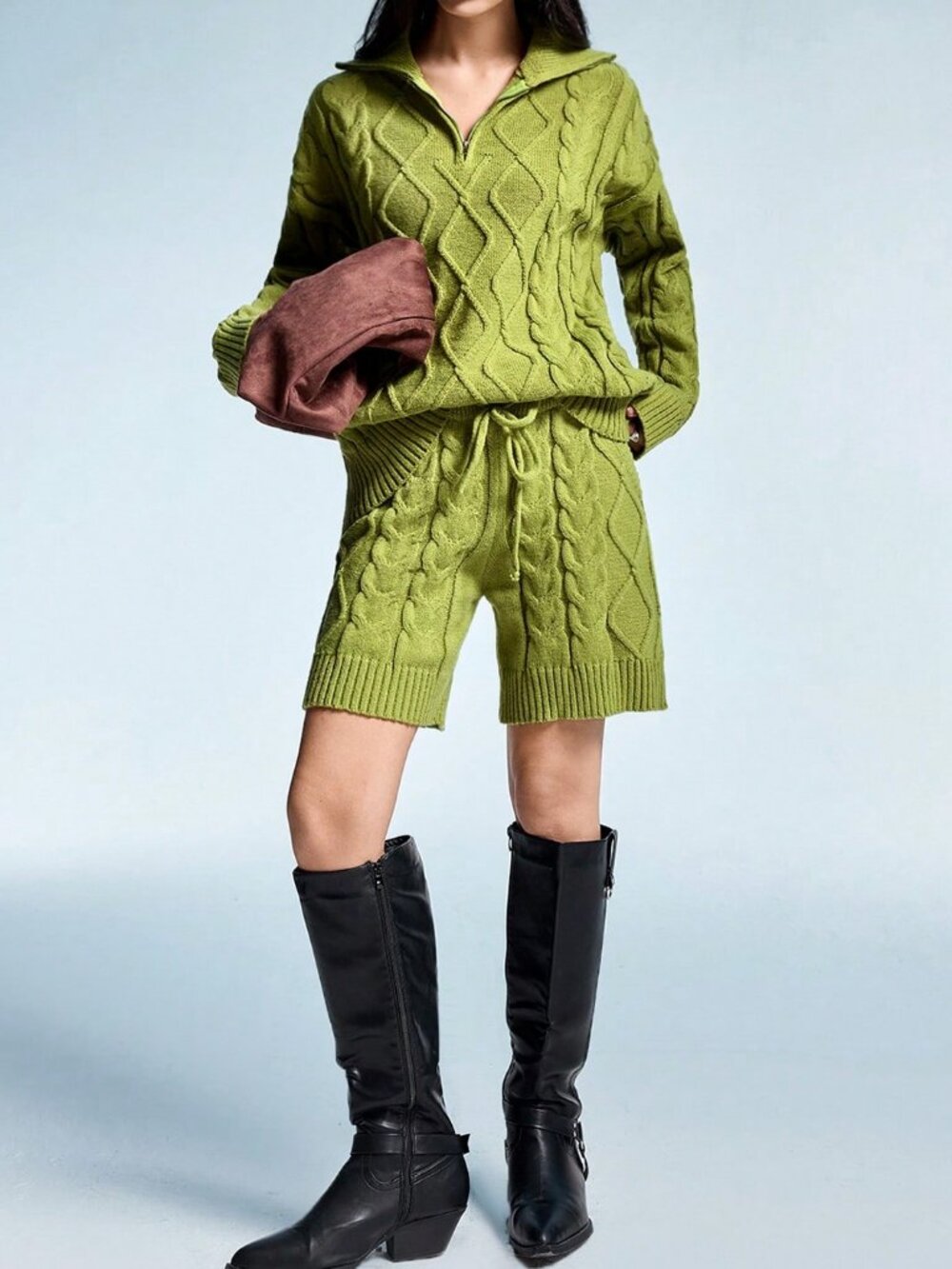 Green Casual Women's Loose Drop-Shoulder Rib-Knit Striped Sweater &  Shorts Set